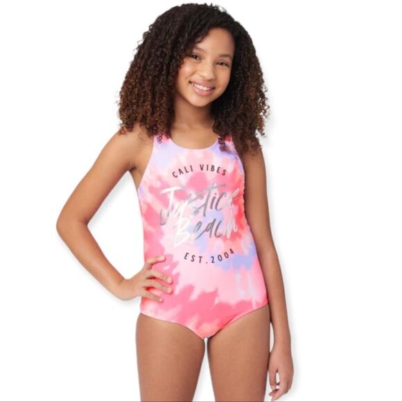 NWT Justice Cali Vibes Pink Tie Dye Girls One Piece Swimsuit - Picture 1 of 5